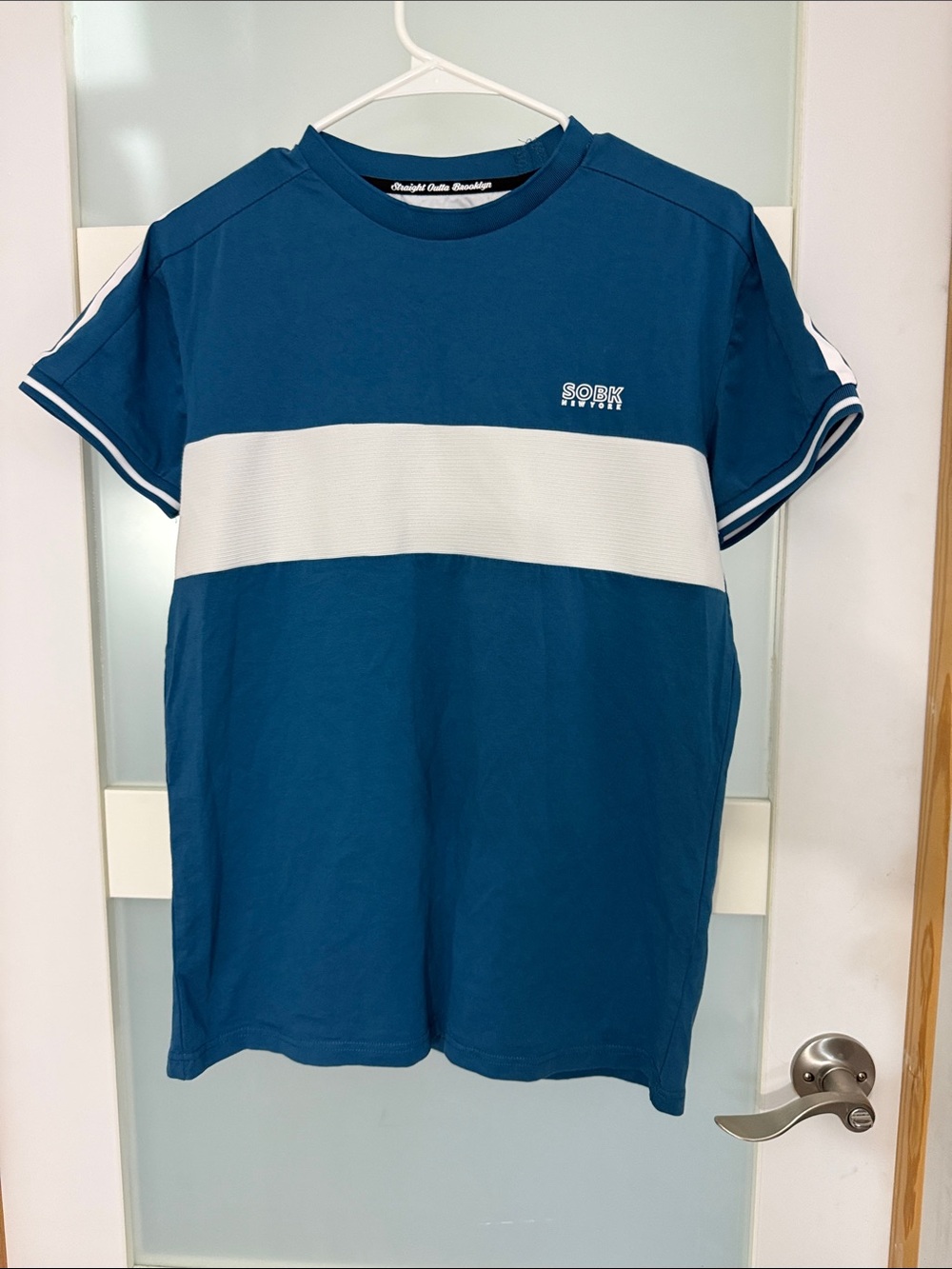 Blue Short Sleeve Crewneck Tee with White Center Panel